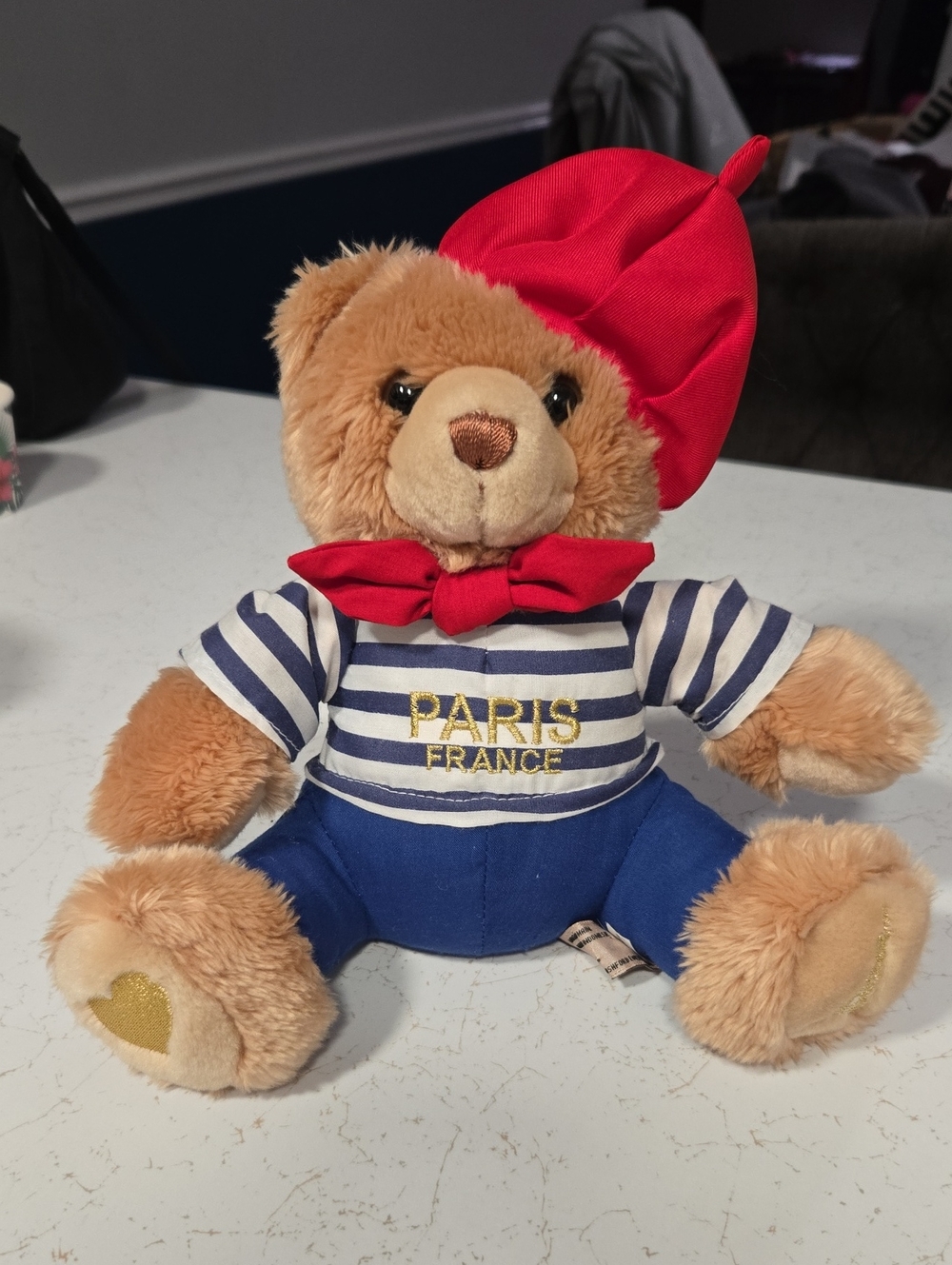 Vintage Plush Paris France Bear in Red Hat & Blue Outfit
